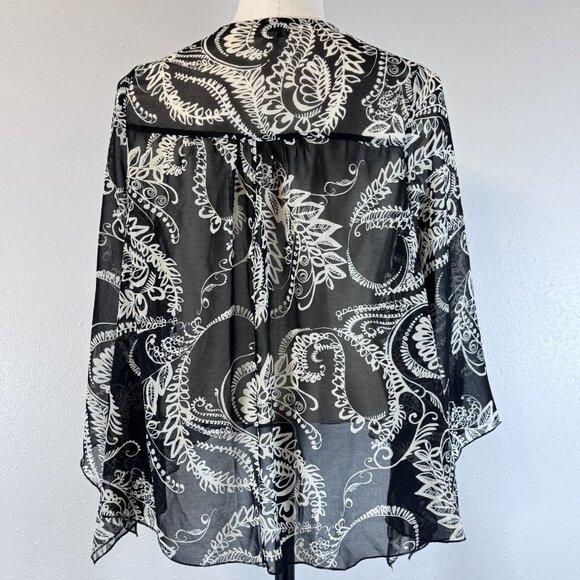 One World Womens Kimono Jacket Black White Paisley Chiffon Boho Flared Sleeve S - Picture 2 of 16